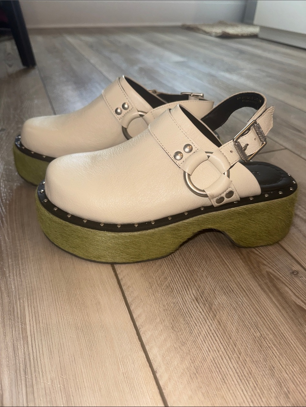 FARM Rio Ivory harness Slingback Clogs with Green calf hair Platform